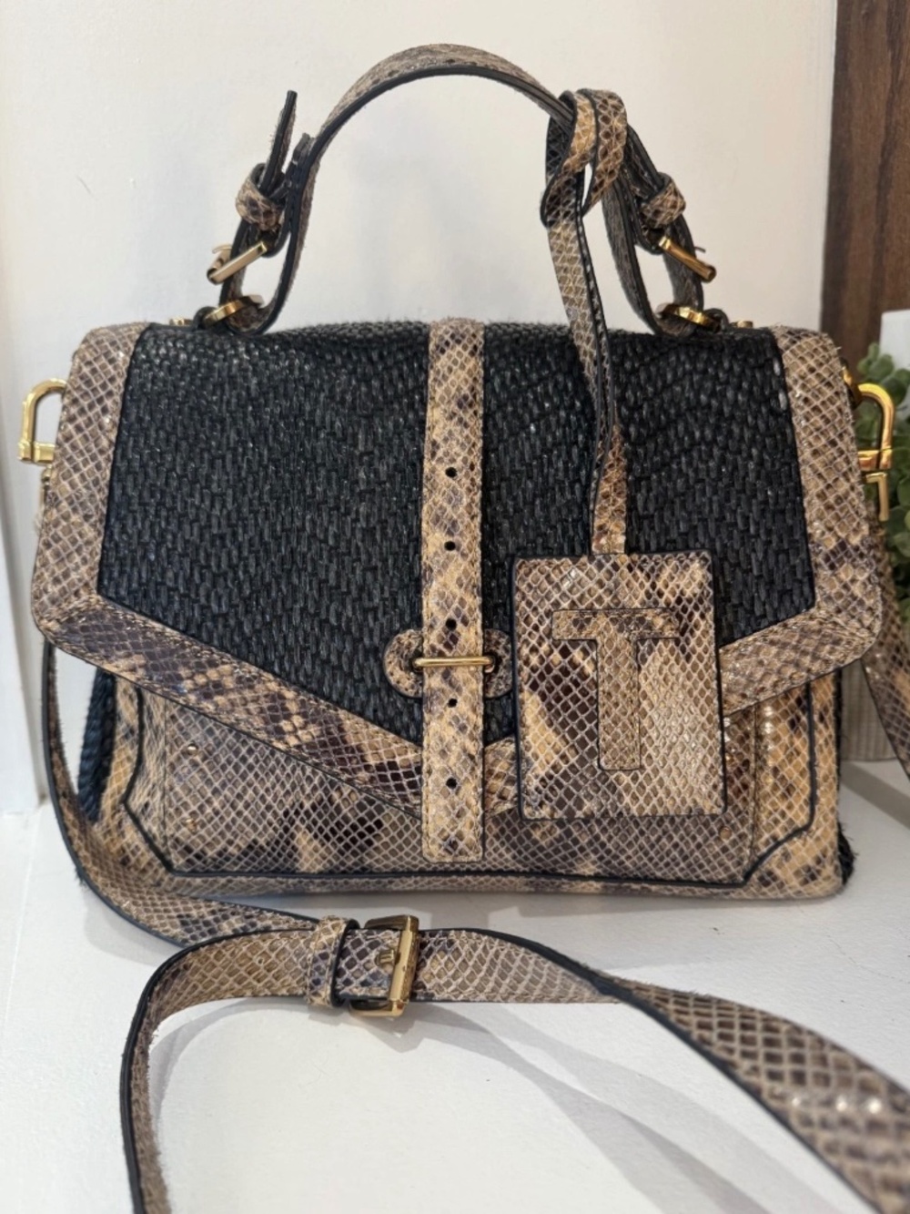 Tory Burch Black Woven and Snake-Print Brown Top Handle Shoulder Bag